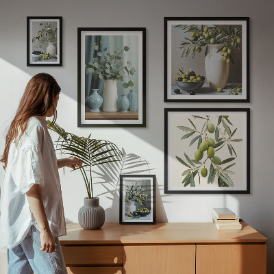 Billedsæt over sofa Grønne olivenblomster i skandinavisk stil