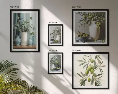 Billedsæt over sofa med grønne olivenblomster i skandinavisk stil