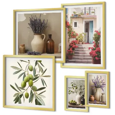 Billedsæt over sofa med stilfuldt motiv af blomster og frugter
