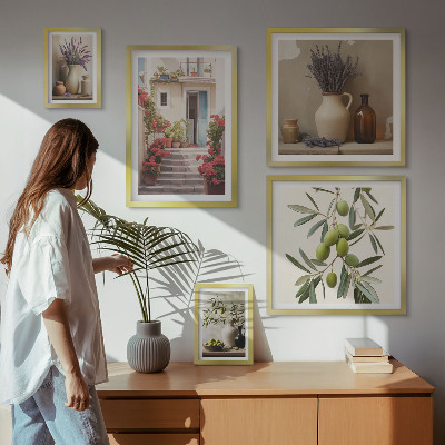 Billedsæt over sofa Stilfuldt interiør blomster frugter