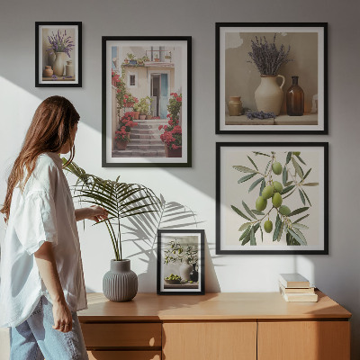 Billedsæt over sofa Stilfuldt interiør blomster frugter