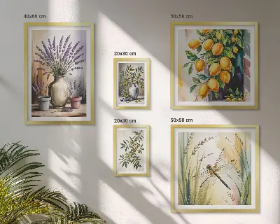 Billedkomposition til væg med motiv af blomster, citroner og oliven i rustik stil