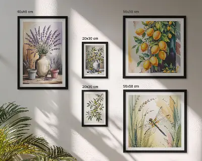 Billedkomposition til væg med motiv af blomster, citroner og oliven i rustik stil