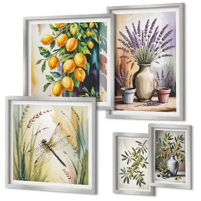 Billedkomposition til væg med motiv af blomster, citroner og oliven i rustik stil