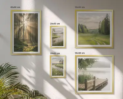 Billedsæt af skovlandskab med sol og vand over sofa