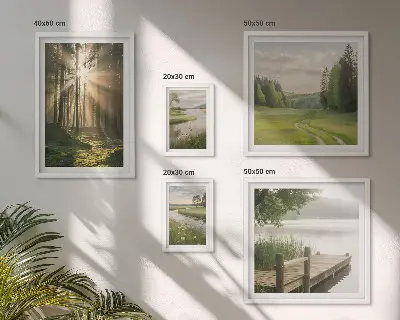 Billedsæt af skovlandskab med sol og vand over sofa