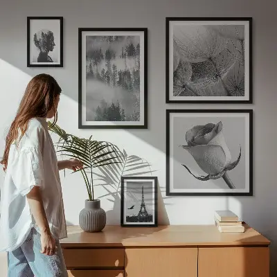 Billedsæt over sofa naturmotiv i sort og hvid