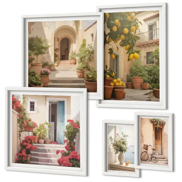 Billedsæt til væg over sofa med motiver af gader, blomster og citrusfrugter fra Provence