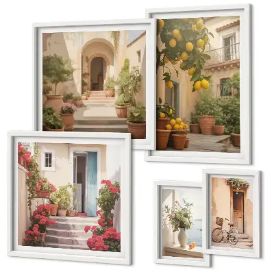 Billedsæt til væg over sofa med motiver af gader, blomster og citrusfrugter fra Provence