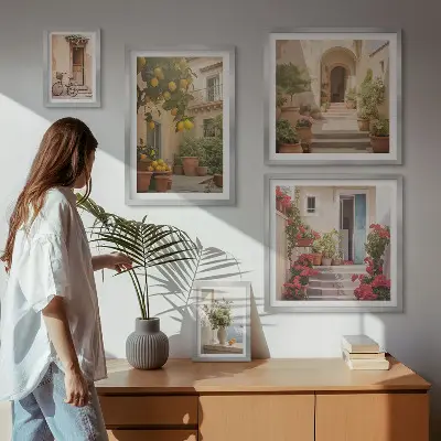 Billedsæt til væg over sofa med motiver af gader, blomster og citrusfrugter fra Provence