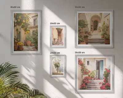 Billedsæt til væg over sofa med motiver af gader, blomster og citrusfrugter fra Provence