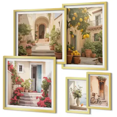 Billedsæt til væg over sofa med motiver af gader, blomster og citrusfrugter fra Provence