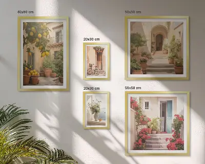 Billedsæt til væg over sofa med motiver af gader, blomster og citrusfrugter fra Provence