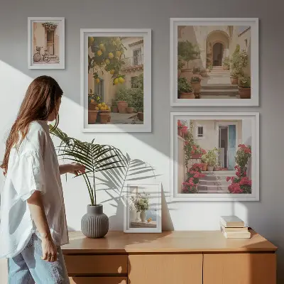 Billedsæt til væg over sofa med motiver af gader, blomster og citrusfrugter fra Provence
