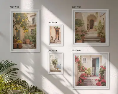Billedsæt til væg over sofa med motiver af gader, blomster og citrusfrugter fra Provence