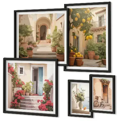 Billedsæt til væg over sofa med motiver af gader, blomster og citrusfrugter fra Provence