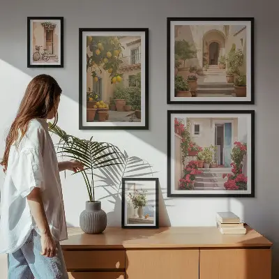 Billedsæt til væg over sofa med motiver af gader, blomster og citrusfrugter fra Provence