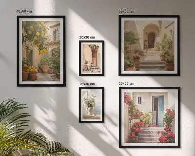 Billedsæt til væg over sofa med motiver af gader, blomster og citrusfrugter fra Provence