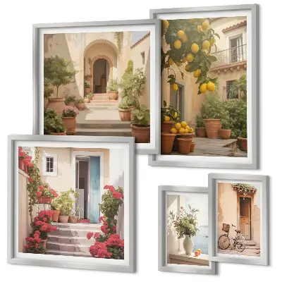 Billedsæt til væg over sofa med motiver af gader, blomster og citrusfrugter fra Provence
