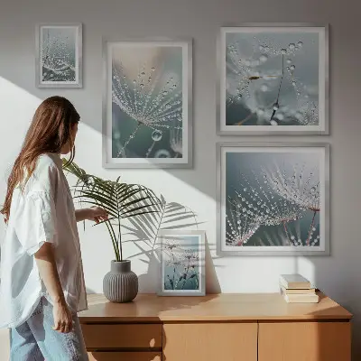 Billedkomposition til væg med minimalistiske dugdråber og planter
