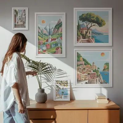 Billedsæt over sofa med charmerende bjerge og byer
