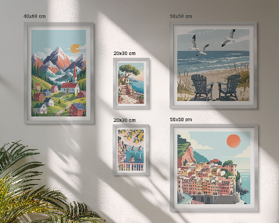 Billedsæt over sofa Retro bjerg- og havlandskaber