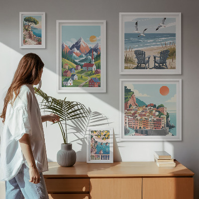 Billedsæt over sofa Retro bjerg- og havlandskaber