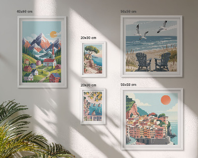 Billedsæt over sofa Retro bjerg- og havlandskaber