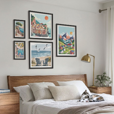 Billedsæt over sofa Retro bjerg- og havlandskaber