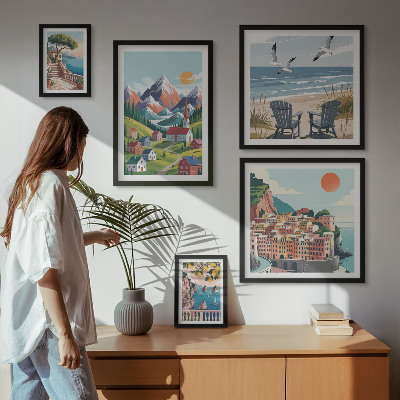 Billedsæt over sofa Retro bjerg- og havlandskaber