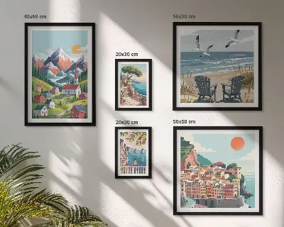 Billedsæt over sofa med retro bjerg- og havlandskaber