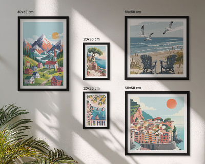 Billedsæt over sofa Retro bjerg- og havlandskaber