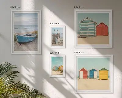 Billedkomposition til væg udsigt over havet med huse og både