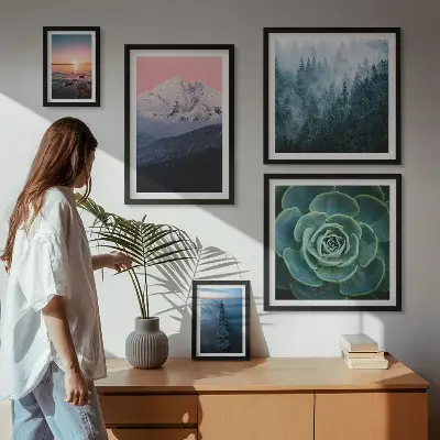 Billedkomposition til væg med landskaber af bjerge og hav i boho-stil