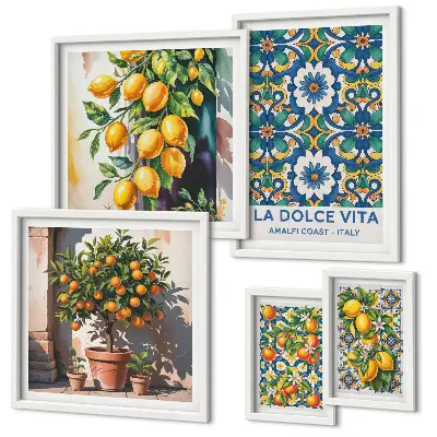 Billedsæt over sofa med italienske citrusdekorationer i Amalfi-stil