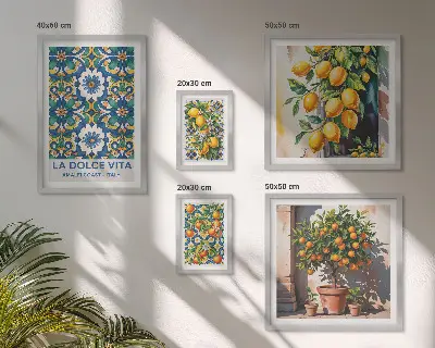 Billedsæt over sofa med italienske citrusdekorationer i Amalfi-stil