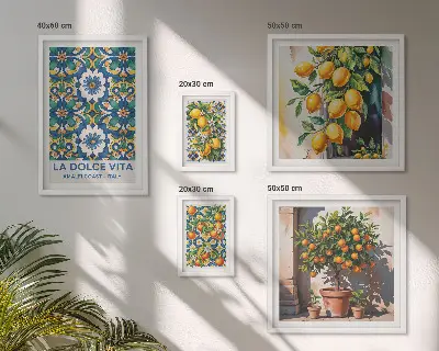 Billedsæt over sofa med italienske citrusdekorationer i Amalfi-stil