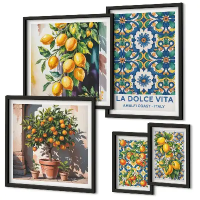 Billedsæt over sofa med italienske citrusdekorationer i Amalfi-stil