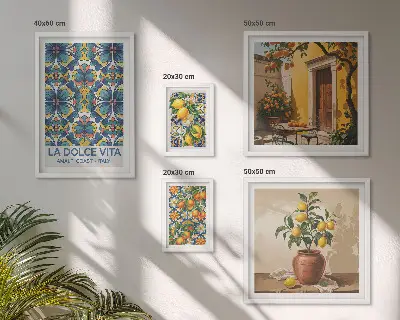 Billedsæt over sofa med italienske citrusfrugter i middelhavsstil