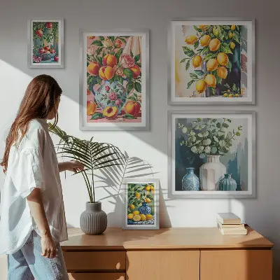 Billedsæt over sofa med frugtagtige blomsterkompositioner