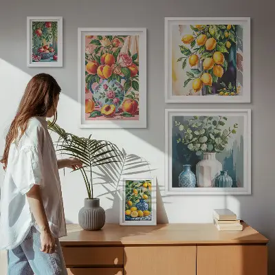 Billedsæt over sofa med frugtagtige blomsterkompositioner