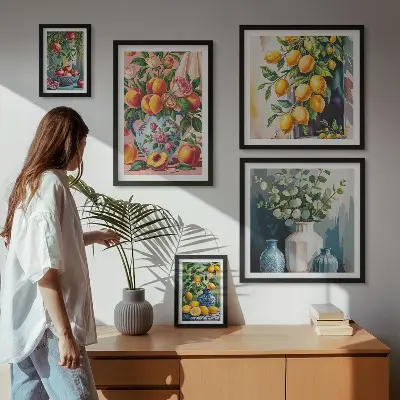 Billedsæt over sofa med frugtagtige blomsterkompositioner