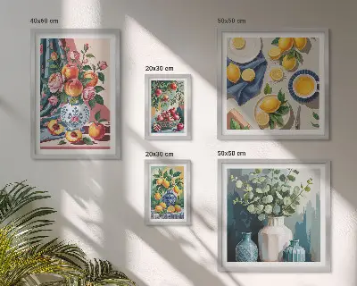 Billedsæt med blomster- og frugtkompositioner til ophængning over sofaen