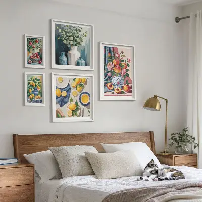 Billedsæt med blomster- og frugtkompositioner til ophængning over sofaen