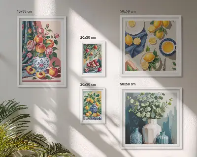 Billedsæt med blomster- og frugtkompositioner til ophængning over sofaen