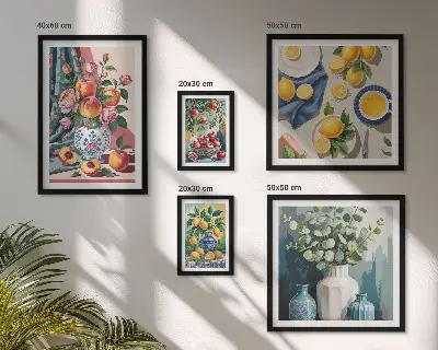 Billedsæt med blomster- og frugtkompositioner til ophængning over sofaen