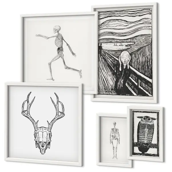 Surrealistisk kunst med mand i naturen billedsæt over sofaen
