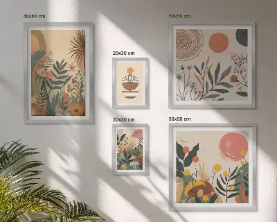 Billedsæt med abstrakte boho plantemotiver til ophængning over sofaen