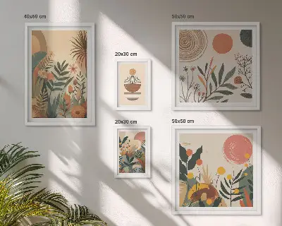 Billedsæt med abstrakte boho plantemotiver til ophængning over sofaen
