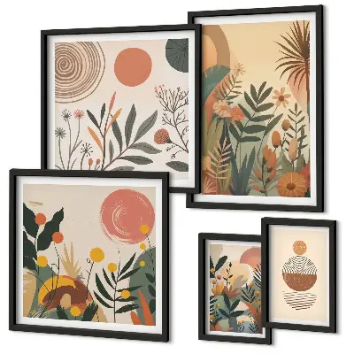 Billedsæt med abstrakte boho plantemotiver til ophængning over sofaen